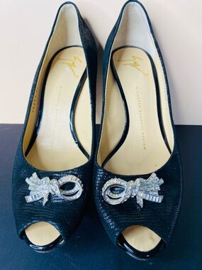 Giuseppe Zanotti Black Crystal-Embellished Peep-Toe “Sharon” Heels Authentic